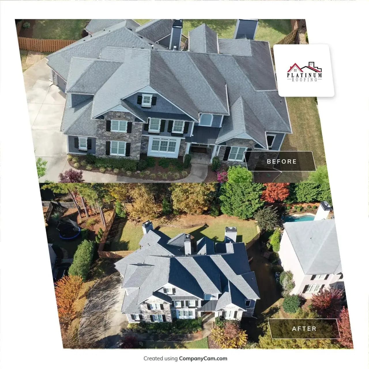 Aerial before and after of an estate roof replacement in North Atlanta