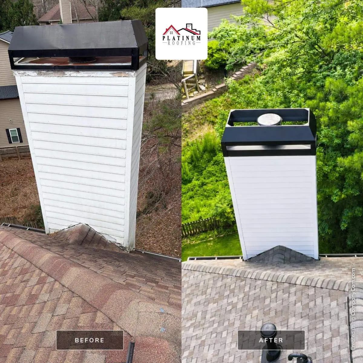Before and after of a chimney pan and decorative shroud installation by Platinum Roofing in North Atlanta