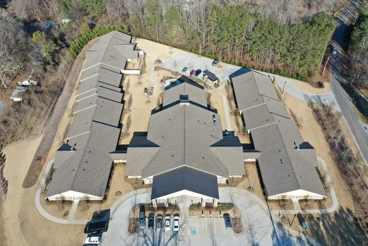 Drone view of a completed commercial roofing project in North Georgia