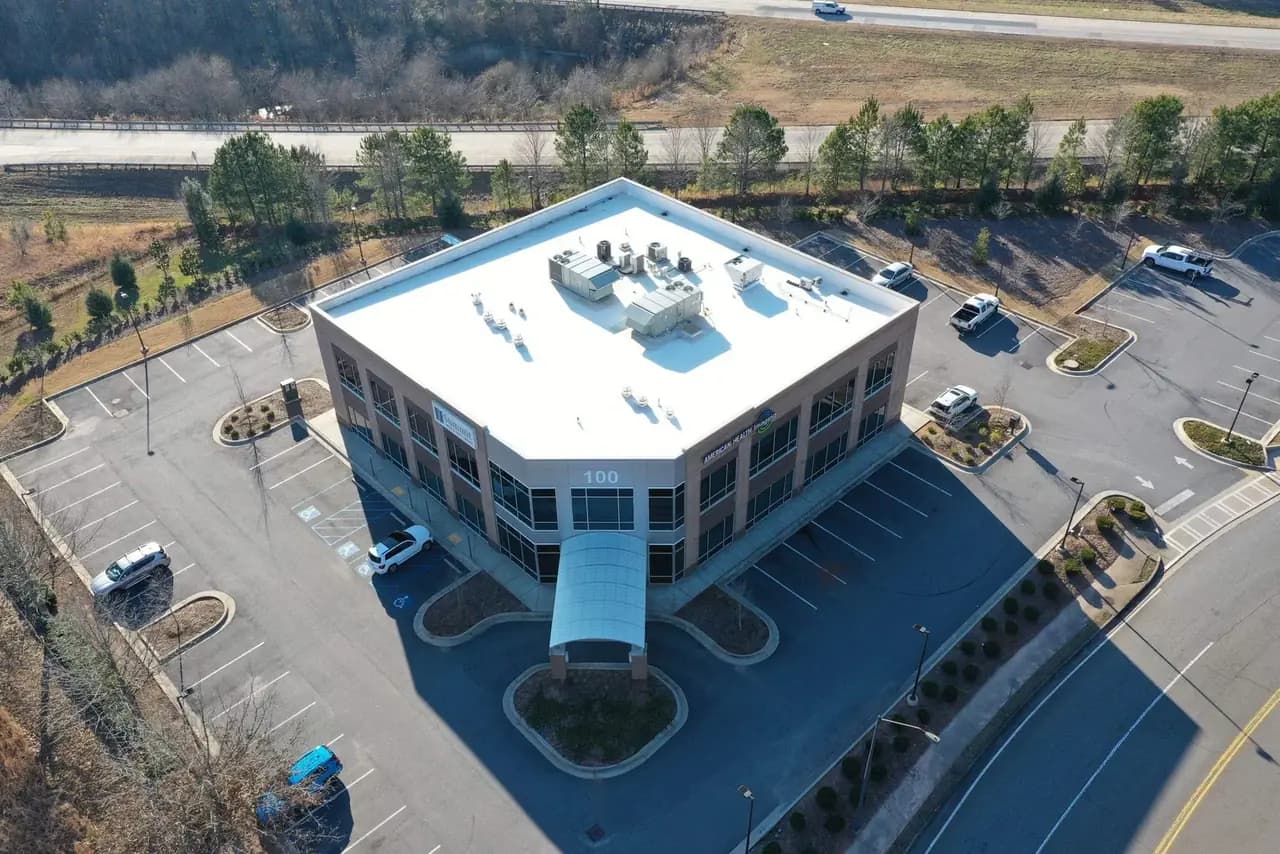 Reflective single-ply membrane roof on an Atlanta-area commercial property