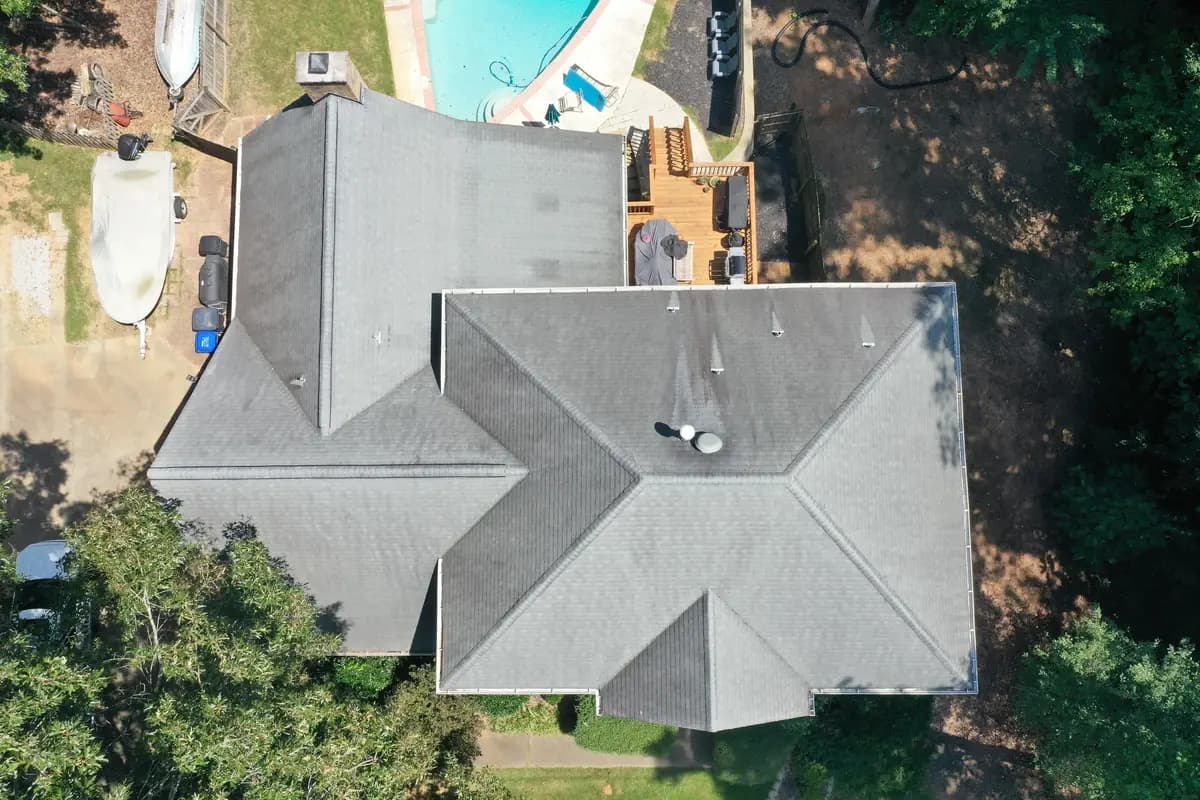 Aerial view of a hip roof on a Roswell, GA home