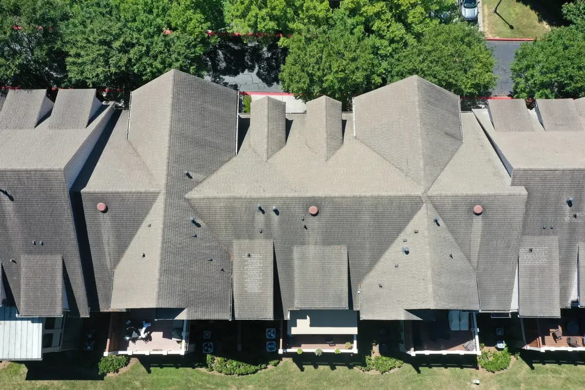 Aerial view of townhome roofs Platinum Roofing worked on in Kennesaw, GA