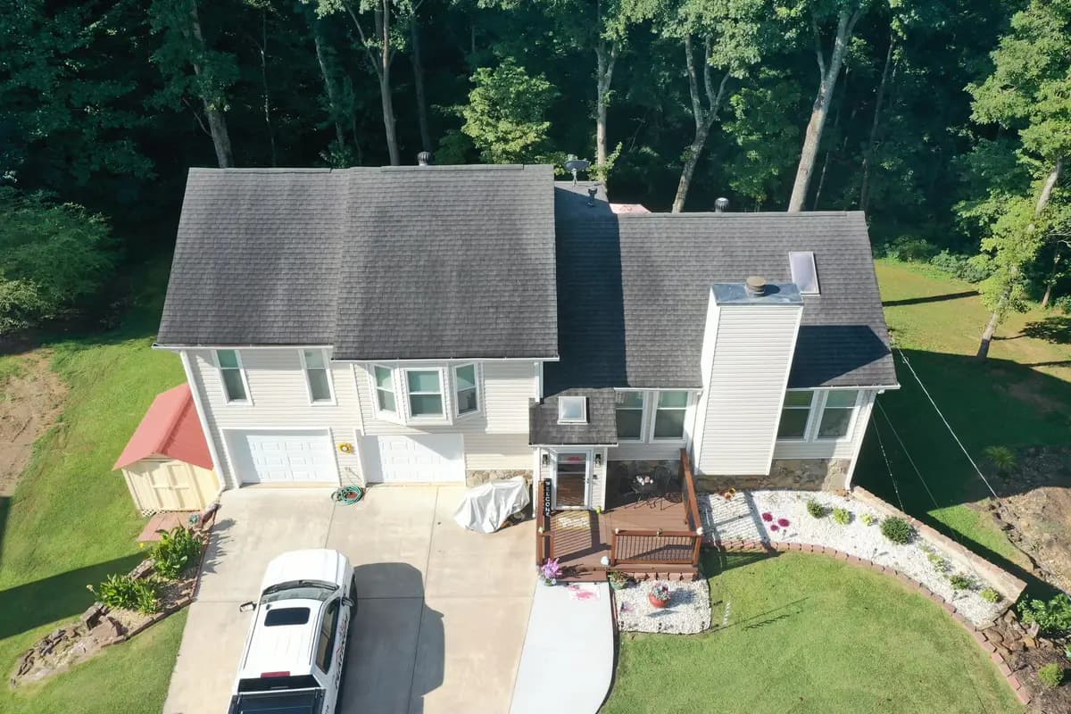 Aerial view of a Woodstock, GA home during a roofing project