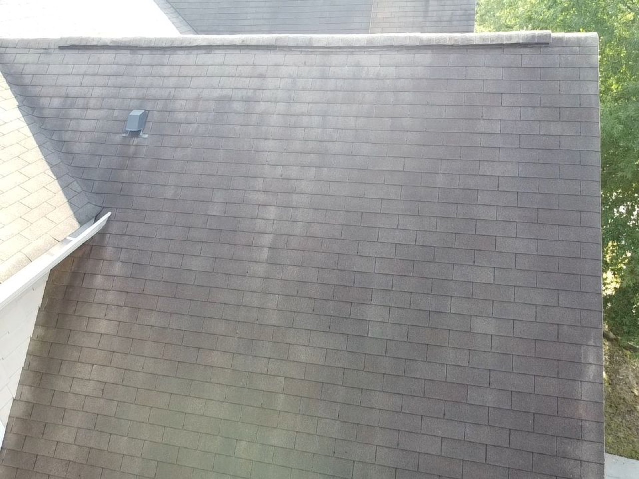 A weathered asphalt roof with dark algae streaks running down the slope