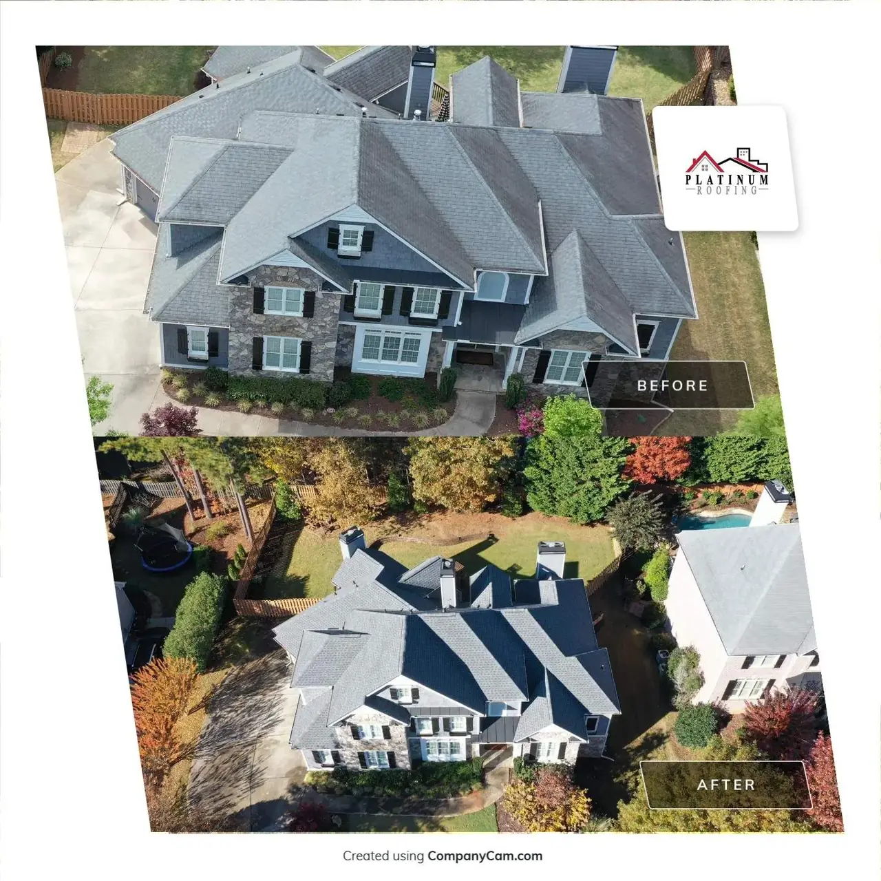An aerial before and after view of a North Georgia roof replacement, the same imagery used to measure a roof for the instant quote
