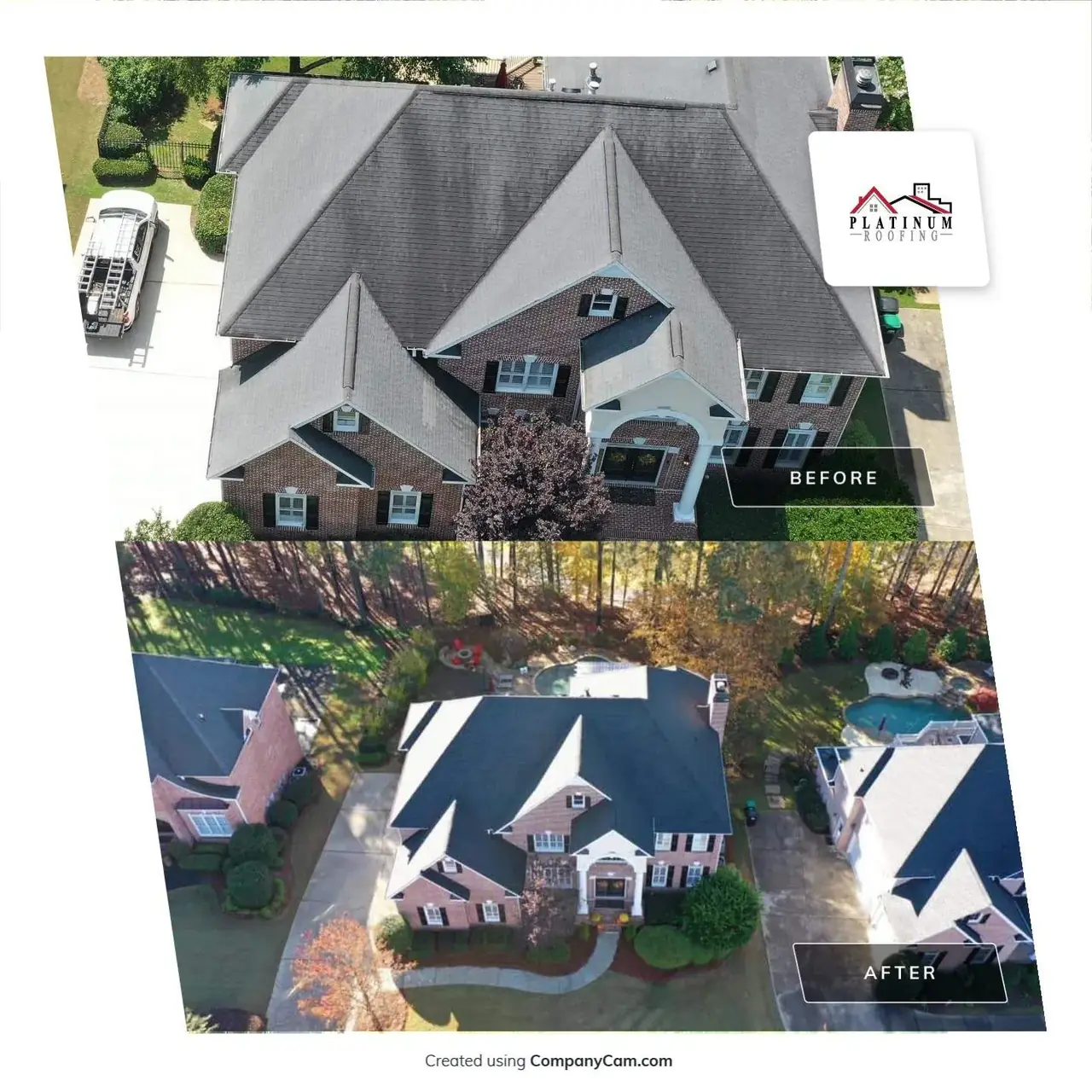 An aerial before and after view of a North Georgia roof replacement, the kind of clean deck a solar array should sit on