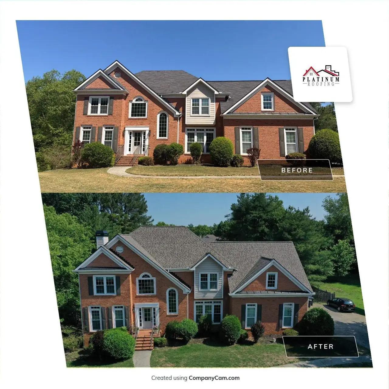 A before and after view of a residential roof replacement in North Georgia showing the transformation from worn shingles to a clean new installation